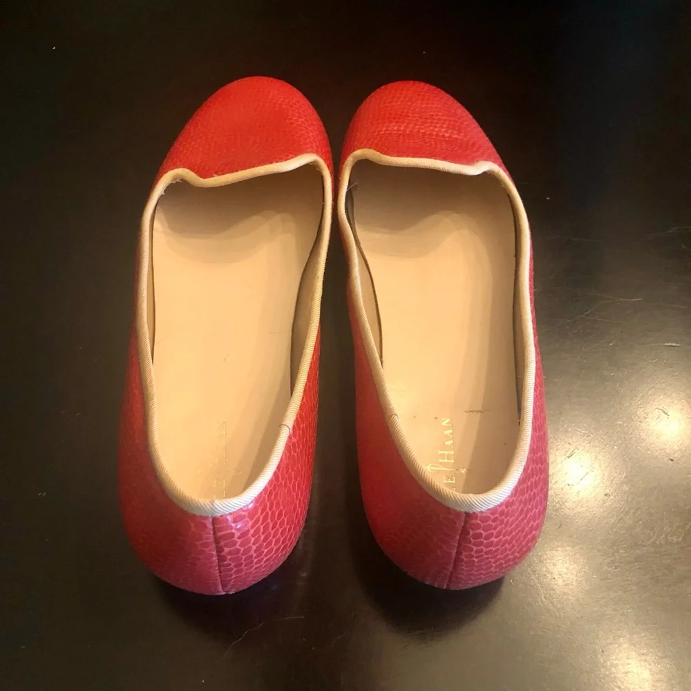 Cole Haan Orange Textured Leather Slip-On Flats with Khaki Trim - Picture 5 of 5